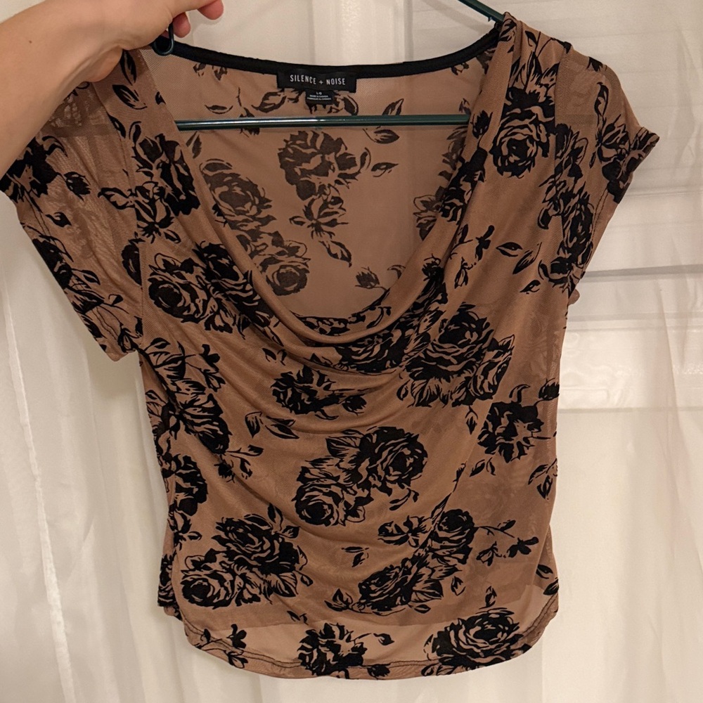 NWOT Urban outfitters Women's Black and Brown Floral Top sheer